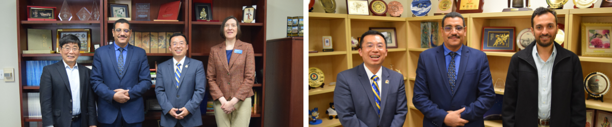 2 photo collage of people standing in front of bookcases